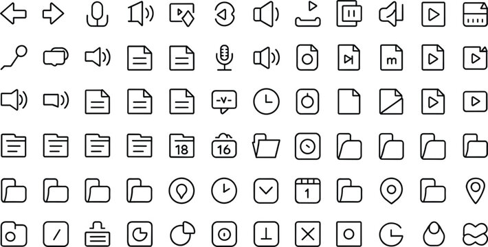Comprehensive outline icon pack for multimedia software interface featuring audio controls file folders play buttons and location symbols