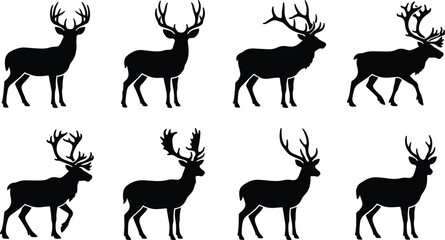 Set of deer and reindeer silhouettes with beautiful antlers isolated on white background vector illustration © MdMonowar