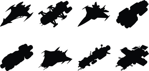 Set of science fiction spaceship silhouettes including futuristic starfighters cargo vessels and orbital cruisers © MdMonowar