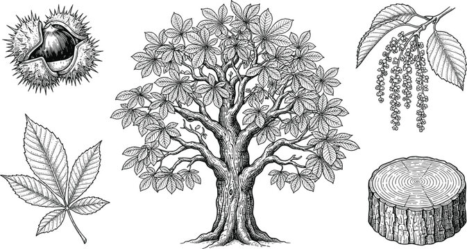 Hand Drawn Chestnut Tree Botanical Vector Collection with Leaves, Burr Fruit, Catkins, Tree Trunk Cross Section, and Vintage Nature Illustration