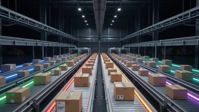 Automated warehouse robotics system with advanced automation technology sorting and moving packages on conveyor belts for efficient industrial logistics and package handling