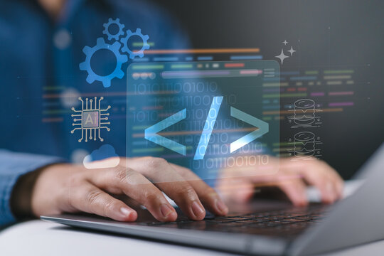 Low code no code development and programming concept with professional presenting virtual coding ai automation, cloud computing, and software integration for efficient application development