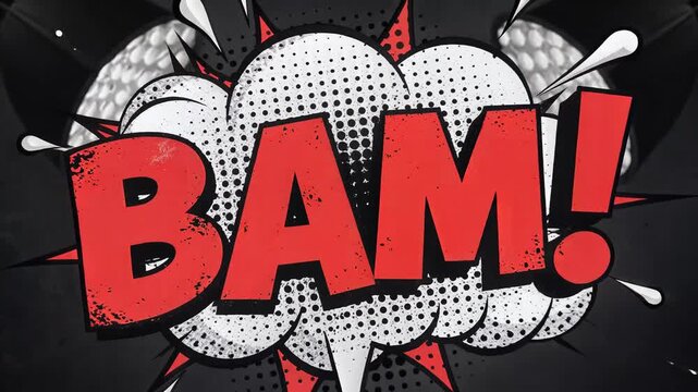 Dynamic comic book explosion effect with bold red text and graphic elements