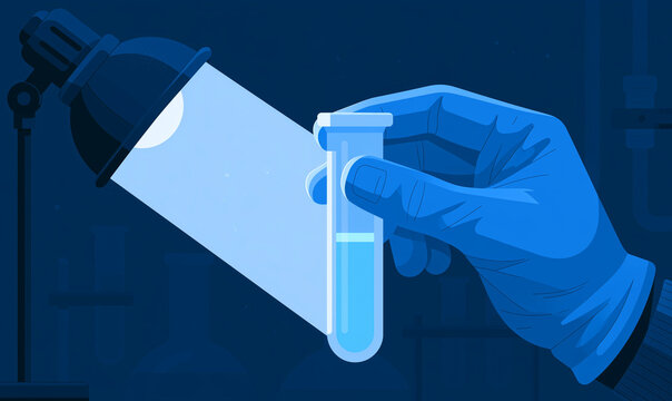 scientist gloved hand illuminated bright laboratory light holds test tube filled vibrant blue liquid captured
