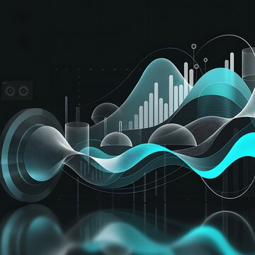 Financial market analytics interface with volumetric bar graphs and abstract blue data flow lines analytics business technology abstract investment statistics performance