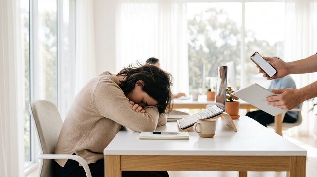 Exhausted Businesswoman Resting Head on Desk in Office While Colleague Holds Gadgets for Workplace Burnout and Stress Management Visuals