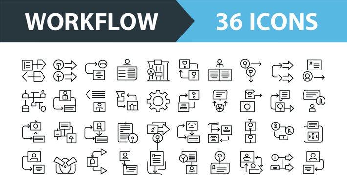 Corporate workflow management linear icon bundle featuring thirty six editable stroke business process scheme vector symbols