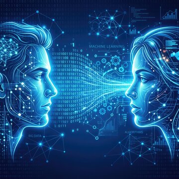 Digital AI brain connection between male and female profiles