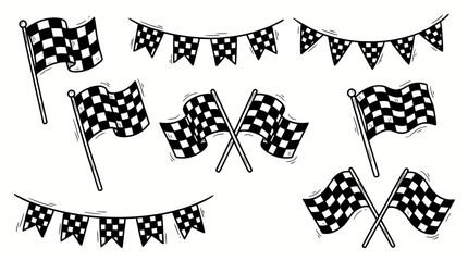 Obraz premium Checkered Racing Flag and Bunting Doodles Set
