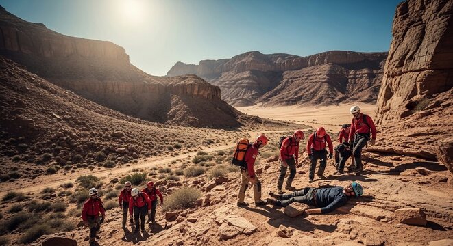 Desert Emergency Rescue Team Assisting Fallen Survivor in Arid Mountainous Terrain