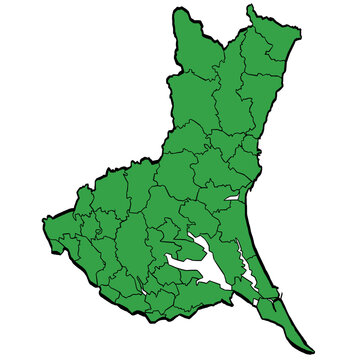 茨城県地図 市町村区分 緑色 筆タッチ 和風 東日本 / A brushstroke map of Ibaraki Prefecture / green