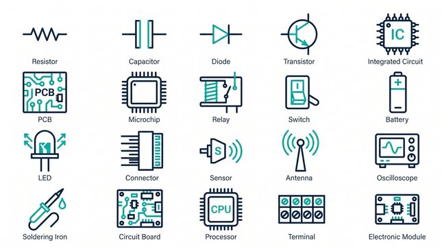 Electronic Circuit Line Icons Pack &ndash; PCB and Component Vector Symbols