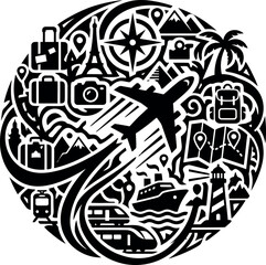 Naklejka premium global travel and adventure montage with airplane ship train and landmarks