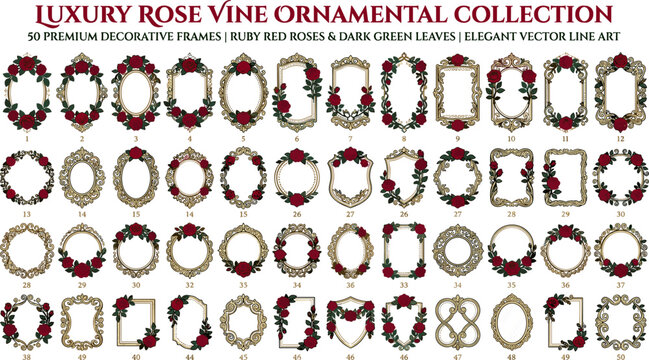 Luxury rose vine ornamental collection with 50 premium decorative frames featuring ruby red roses and gold