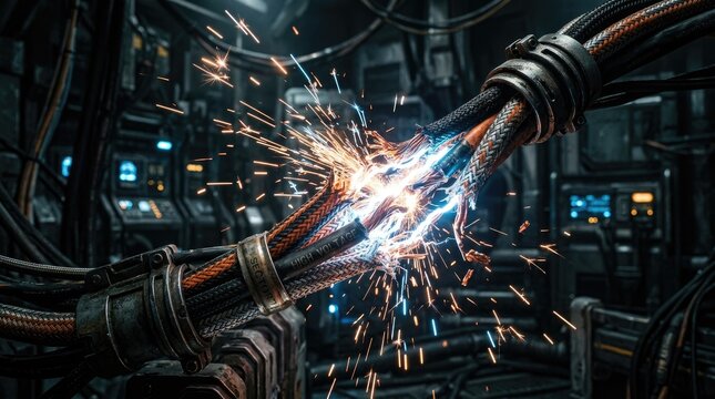 A close-up shot depicts a severed high-voltage cable sparking intensely, surrounded by a complex network of wires and machinery. Sparks fly dramatically, illuminating the dark, industrial setting.