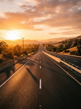 A long, straight highway stretches into the distance, bathed in the warm glow of a setting sun. The road reflects the golden light, creating a dramatic and expansive scene.