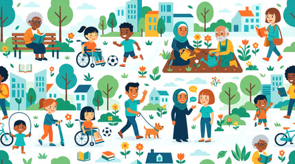 Fototapeta premium Diverse and Inclusive Urban Community Living - Happy flat design illustration showcasing people of all ages and abilities enjoying leisure activities in a vibrant city park.