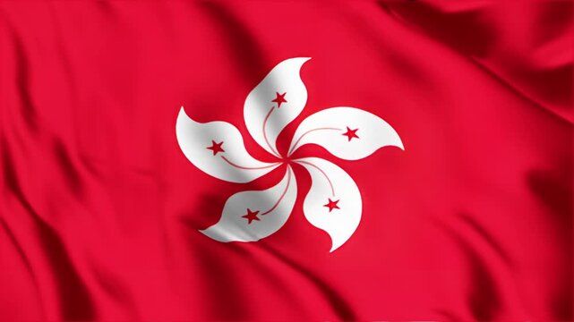 Hong kong flag waving in wind creating realistic fabric ripples across red field featuring white orchid tree flower with five stars in high definition clip.