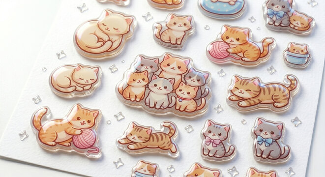 可愛い猫のアバターアイコンセット、ぷっくり3Dアクリル・エポキシ樹脂風ステッカーシート素材