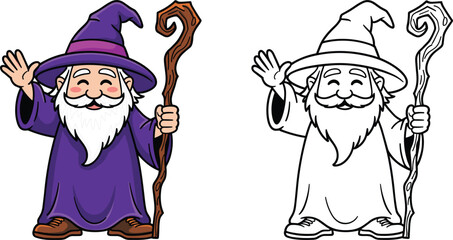 Obraz premium Cute friendly wizard cartoon character holding a wooden magic staff waving hello coloring book page vector illustration