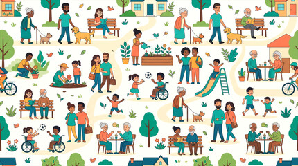 Fototapeta premium Flat Vector Illustration of People Enjoying Outdoor Activities in a Modern Community Park