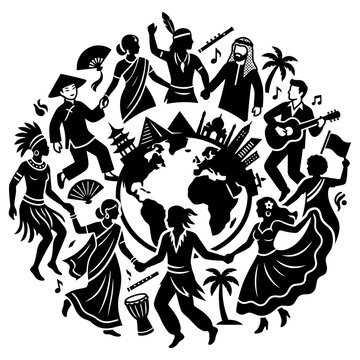 diverse international people dancing around the earth globe symbolizing global unity cultural diversity multicultural society.