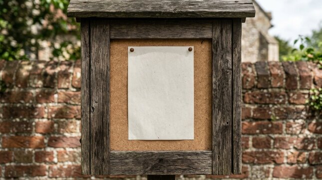 Blank paper notice pinned to an old wooden churchyard noticeboard.