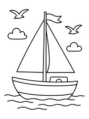 Fototapeta premium Sailboat Illustration: A simple line drawing of a sailboat on the water, with two birds flying above and two clouds in the sky. Ideal for coloring pages or educational materials.