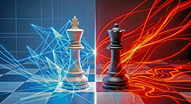 The duality of Strategy: A striking visual dichotomy presents a chess king on the left, enveloped by cool, geometric digital lines, and a chess queen on the right, engulfed in fiery, dynamic energy.