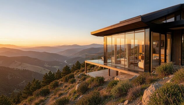 Modern Mountain Retreat: A stunning contemporary house perched on a mountainside, featuring floor-to-ceiling glass walls that offer breathtaking panoramic views of the rolling hills and golden sunset.