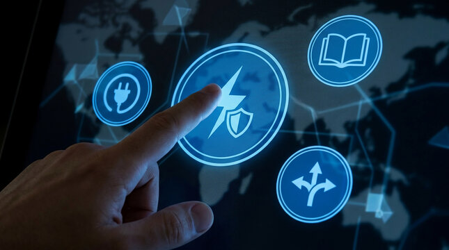 Human hand touching a digital screen with smart energy management icons featuring power surge protection, global electricity grid, and industrial safety.