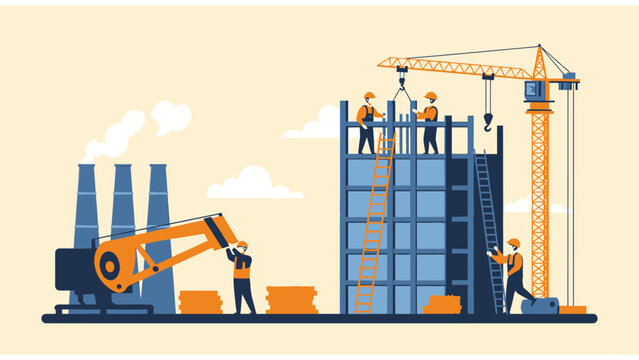 Construction site with workers, cranes, and buildings under development, industrial progress illustration