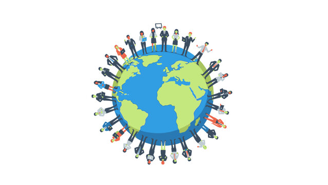 Diverse people from around the world standing on a stylized Earth globe, representing global community, interconnectedness, international collaboration, and unity.