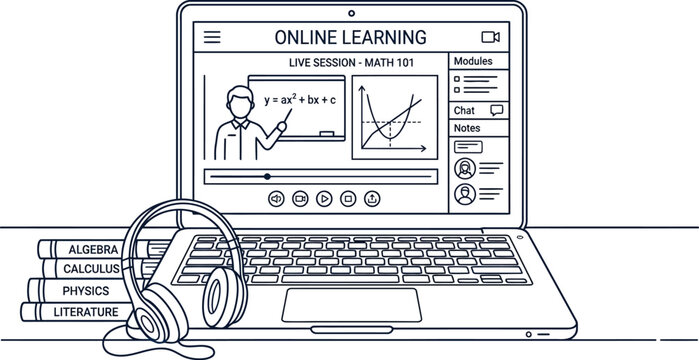 Online learning platform on a laptop with books and headphones for educational purposes and remote studying with algebra calculus physics literature modules