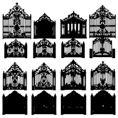 Obraz premium Collection of 24 different ornate metal gate designs arranged in a 4x6 grid, showcasing various intricate patterns and styles. Each gate is depicted in a clean, black and white vector illustration ...