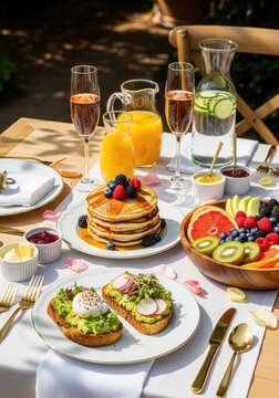 A beautifully arranged brunch spread is set outdoors on a wooden table.