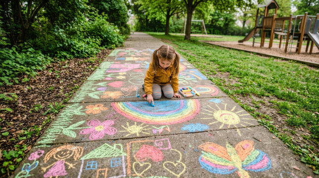 Girl drawing concrete path chalk child sidewalk rainbow park playground girl drawing concrete path with colorful chalk, cheerful creativity beside green tree, grass, flower, sun, butterfly