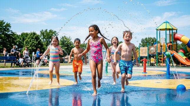 Kids running splash pad child water summer playground park fun outdoor Kids running through splash pad with joyful expression water spray colorful swimwear playground park summer recreation active
