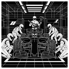 Obraz premium Professional Pit Stop Racing Illustration featuring a Formula 1 Crew working in a Garage, capturing the essence of high-speed automotive competition.