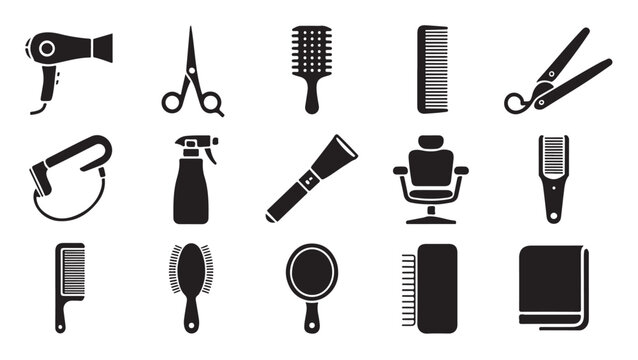 Hairdresser tools icons set. silhouette vector illustration. hair salon accessories on transparent.