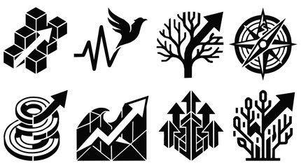 Fototapeta premium Collection of Abstract Icons Representing Growth, Progress, and Success for Business Strategy with Upward Arrow Symbols and Minimalist Graphic