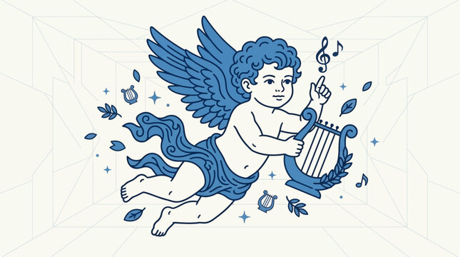 cherub playing lyre a blue winged angel inspires music and art in a whimsical classical illustration.