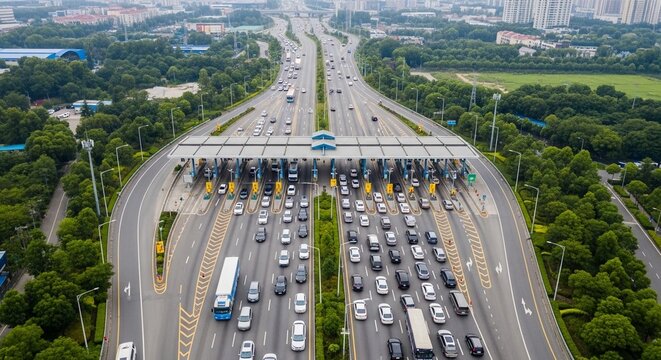Busy highway toll plaza with significant traffic congestion during the day, showing many cars queued up.