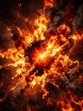 A massive explosion dominates the image, radiating intense heat and light. Fiery tendrils of orange, red, and yellow flames erupt outwards, consuming a dark, smoky background.