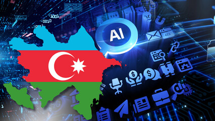 Fototapeta premium The Azerbaijani digital transformation and artificial intelligence integration National development and tech industry growth during economic shifts Illustrated with an Azerbaijan map national flag 