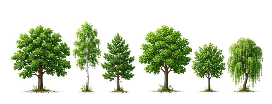 A collection of different tree illustrations are arranged horizontally on a png transparent. The trees vary in shape, size, and species, showcasing a range of tree types.