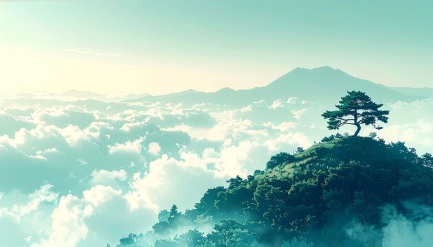 Lone Pine Tree Overlooking Misty Cloud Sea From Above