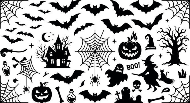 Halloween day black silhouette icons set bats pumpkins spider webs and more