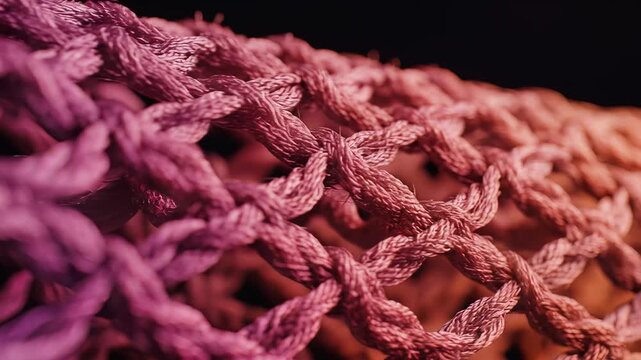 Close up of intricate purple and pink knitted fabric texture with open weave pattern