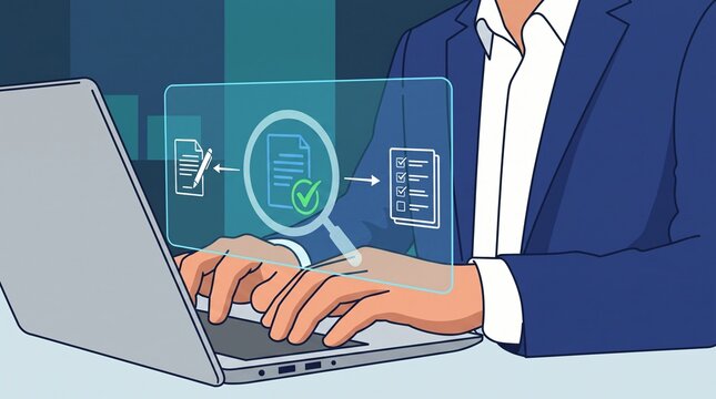 Business professional reviewing and approving digital documents with magnifying glass interface, representing document verification, approval workflow, DMS system, compliance audit, process control.
